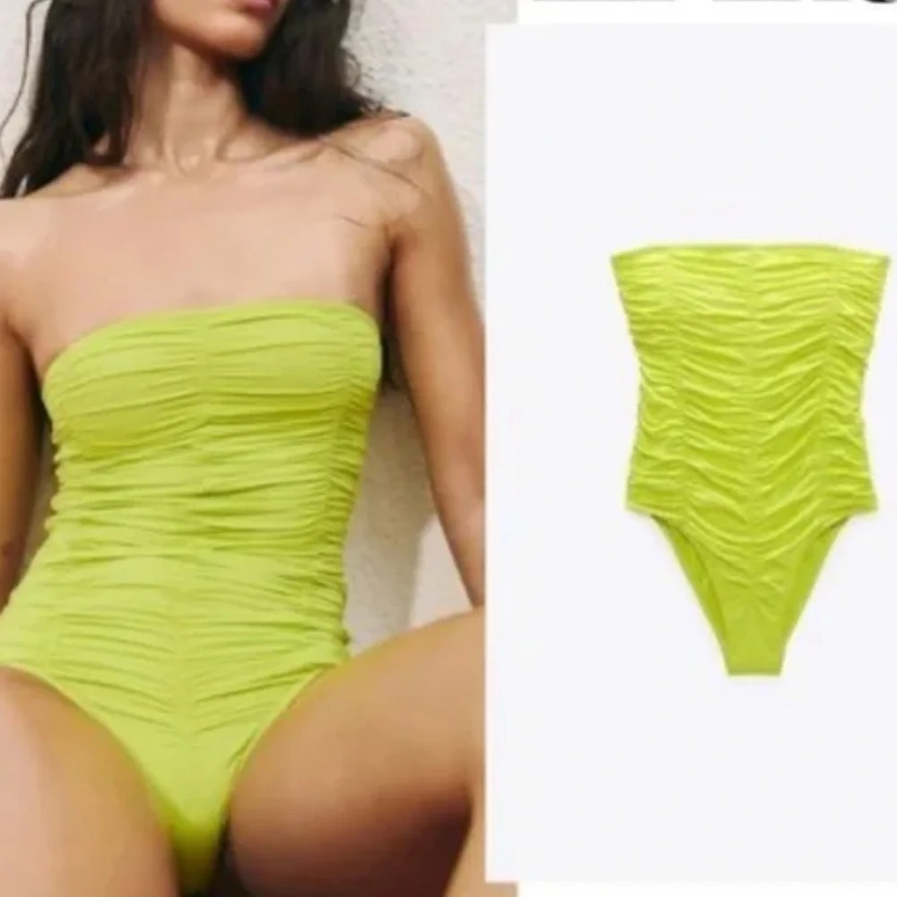 *NEW* ZARA STRAPLESS NEON YELLOW RUCHED ONE PIECE SWIM SUIT SMALL - Picture 1 of 8